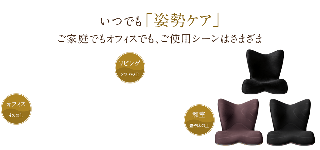 いつでも「姿勢ケア」ご家庭でもオフィスでも、ご使用シーンはさまざま