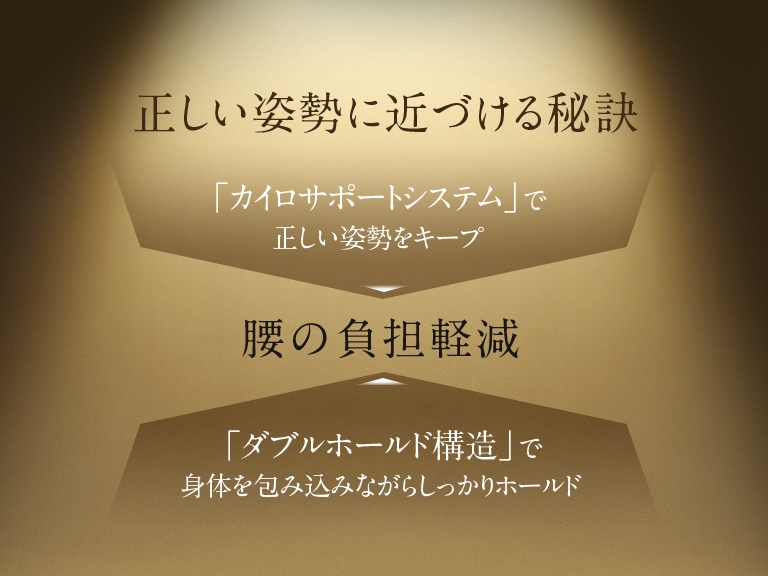 正しい姿勢に近づける秘訣 「カイロサポートシステム」で正しい姿勢をキープ 腰の負担軽減 「ダブルホールド構造」で身体を包み込みながらしっかりホールド