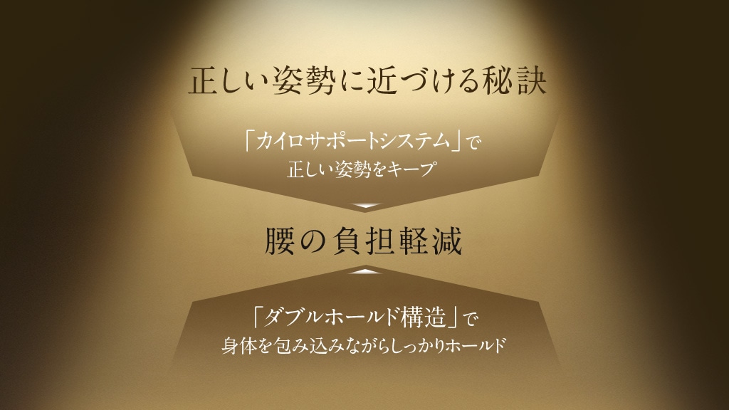 正しい姿勢に近づける秘訣 「カイロサポートシステム」で正しい姿勢をキープ 腰の負担軽減 「ダブルホールド構造」で身体を包み込みながらしっかりホールド