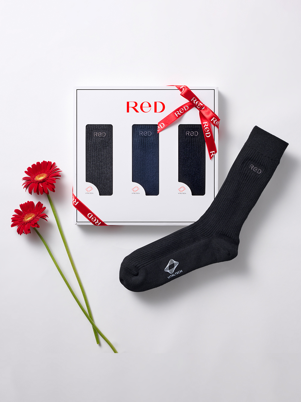 【リボンラッピング付き】ReD バイタルテック リカバリーソックス［クルー丈］3足ギフトボックス入り グレー・ネイビー・ブラック 25-27