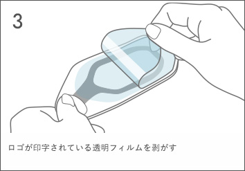 ロゴが印字されている透明フィルムを剥がす