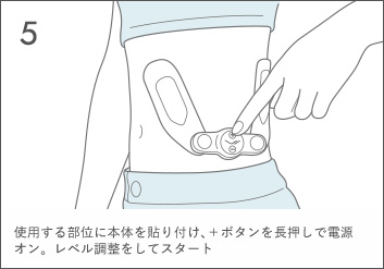 使用する部位に本体を貼り付け、＋ボタンを長押しで電源オン。レベル調整をしてスタート