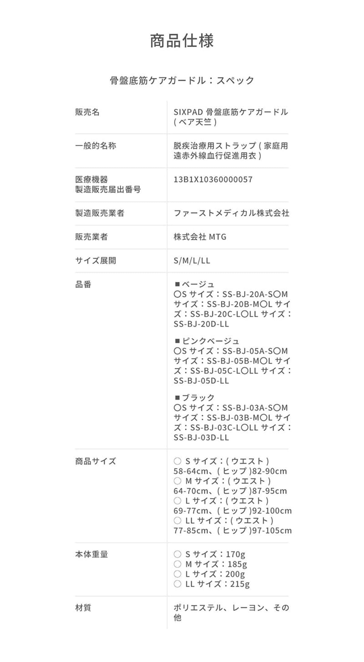骨盤底筋ケアガードル スペック表